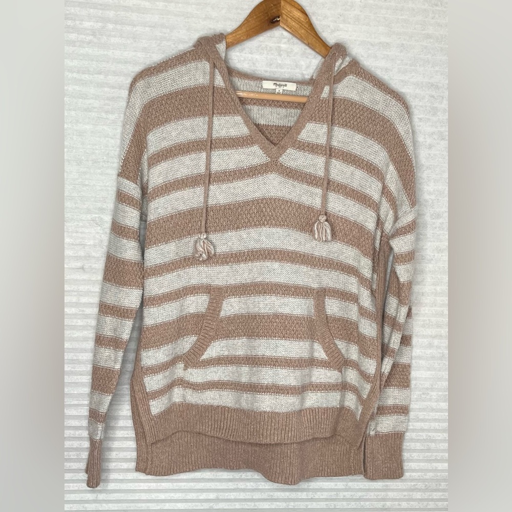 Madewell womens cozy knit brown beige taupe hooded pullover striped sweater S